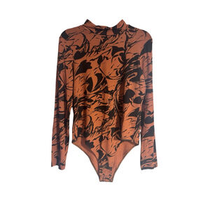 Size L Brown & Black Swirl Abstract Floral Long Sleeve Bodysuit A New Day